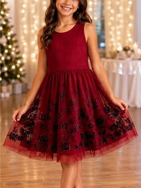 Knitworks Girls Size 10 Red Floral Sequin Tulle Holiday Party Dress
